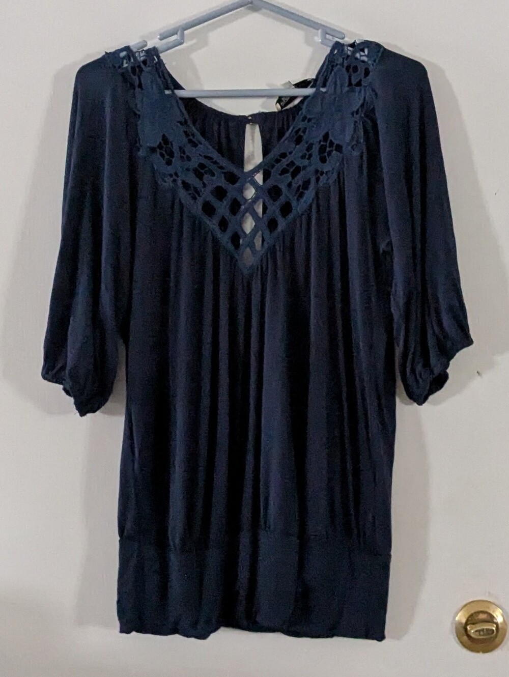 Women’s Navy Crochet Yoke Blouse Lg